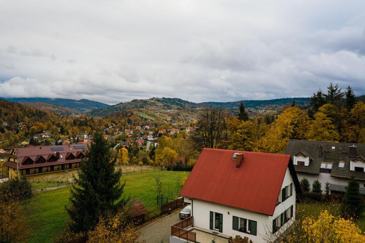 Widok z posesji na dolinę Wisły i beskidzkie wzniesienia
